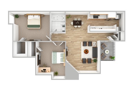 Floor plan for 2 beds, 1 bath, 876 sqft